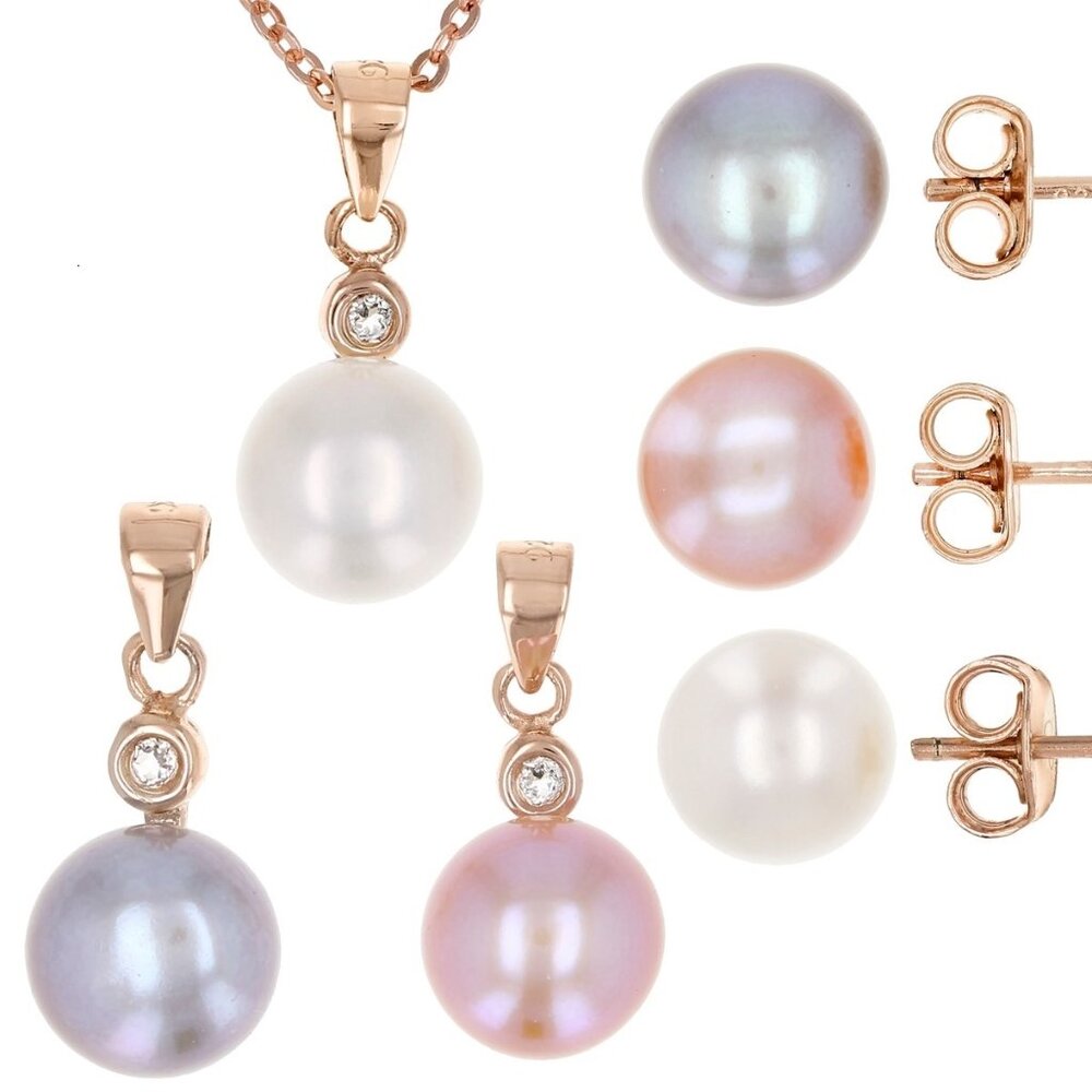 Freshwater Pearl And .09ctw Zircon 18k Rose Gold Over Silver Pendant & Earrings